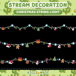 May include: Illustration of Christmas string lights with various festive ornaments, including Santa hats, gingerbread men, and ornaments. The text at the top reads "STREAM DECORATION" and "CHRISTMAS STRING LIGHT". The background is green with dollar signs.