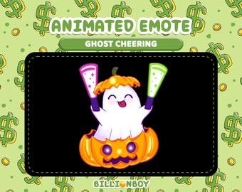 May include: Animated emote featuring a white ghost cheering from inside an orange pumpkin. The ghost holds pink and green glowing wands. The background is light green with dollar signs and gold coins. Text reads "ANIMATED EMOTE" and "GHOST CHEERING".