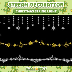 May include: A black background features Christmas string lights with a green and yellow dollar sign pattern. The image includes text that reads "STREAM DECORATION" and "CHRISTMAS STRING LIGHT". The string lights have star, snowflake, and Christmas tree designs.