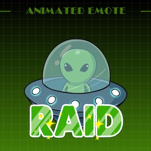 May include: Animated emote featuring a green alien inside a transparent dome on a blue and gray UFO. The word "RAID" is written in green with yellow star accents. The background is a dark green grid.