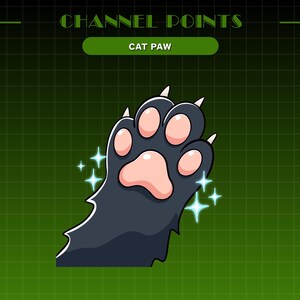 May include: A cartoon illustration of a black cat paw with pink paw pads and white sparkles. The text "CHANNEL POINTS" and "CAT PAW" are above the paw.