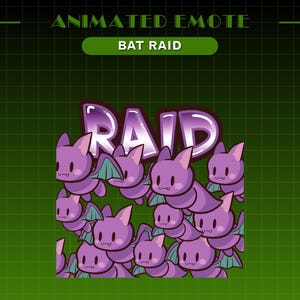 Puede incluir: Emoticono animado con la palabra "RAID" en letras moradas. El emoticono presenta un grupo de murciélagos morados con ojos blancos y colmillos, dispuestos en un cúmulo.