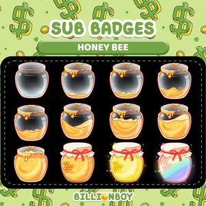May include: A set of "Sub Badges" featuring honey jars with varying levels of honey. The jars are clear with golden honey and a red and white ribbon. The background is a green pattern with dollar signs and coins.