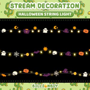 May include: Three Halloween string light designs are displayed against a black backdrop. Each string is adorned with small, illuminated lights and Halloween-themed decorations such as ghosts, pumpkins, bats, and witch hats. The text "STREAM DECORATION" and "HALLOWEEN STRING LIGHT" are at the top.