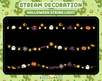 May include: A black background features three Halloween string light designs. Each string has small, glowing lights and various Halloween-themed decorations, including ghosts, pumpkins, bats, and witch hats. The text "STREAM DECORATION" and "HALLOWEEN STRING LIGHT" are at the top.