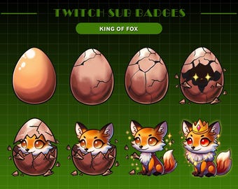 May include: A set of Twitch sub badges featuring a fox emerging from an egg. The badges progress from a plain egg to a cracked egg, to a fox peeking out of the egg, to a fox with sparkles, and finally a crowned fox with a gold necklace.