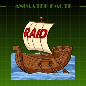 May include: Animated emote of a cartoon Viking ship sailing on blue water. The ship is brown with a white sail displaying the word "RAID" in red. The background is a green grid.
