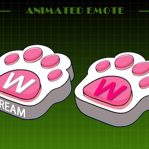 May include: Two paw-shaped animated emotes. Each paw has a white background with pink pads and a pink center. One paw has a white "W" and the word "STREAM". The other paw has a pink "W". The text "ANIMATED EMOTE" is at the top.