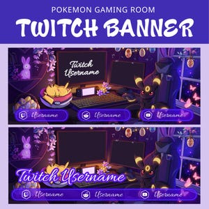 Twitch Banner Template | Lofi Pokemon Gaming Room Editable Customizable Twitch Stream Header Banner for Canva | Canva Template