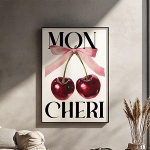 Mon Cheri Cherry Poster - French Aesthetic Wall Art, Vintage Fruit Print, Pink Bow Decor, Retro Cherry Illustration, 2025 trend