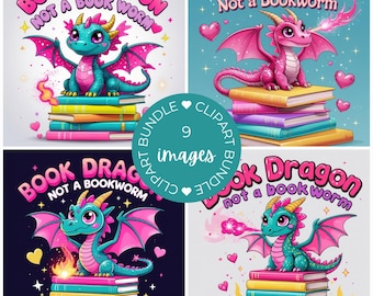 9 Book Dragon PNG Bundle, Book Lover Clipart, Fantasy Bookish Art, Reading Shirt Design, Dark Romance PNG, Bookworm Graphic Set
