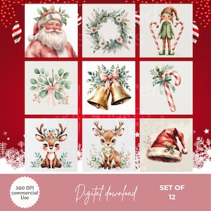 Juego de 12 impresiones digitales de arte mural navideño bohemio: Papá Noel, reno, corona y bastón de caramelo. Decoración navideña en tonos rosa. JPG (300 DPI). Descargar.