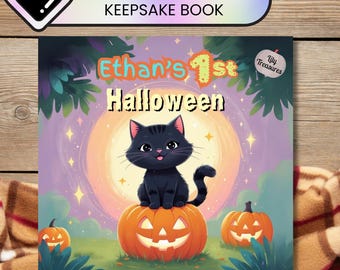 Spersonalizowana pierwsza książka o Halloween dla dziecka | Pamiątkowa okładka z dynią i kotem