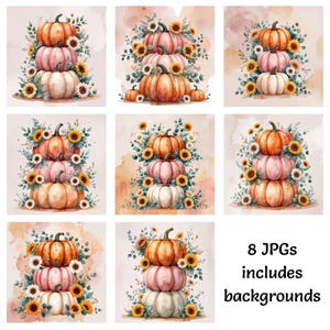 May include: Watercolor illustrations of stacked pumpkins in shades of orange, pink, and white, adorned with sunflowers and greenery. The image includes the text "8 JPGs includes backgrounds".