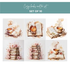 Clipart acquerello con tè accogliente e libro: Junk Journal Ephemera (pacchetto JPG, uso commerciale)