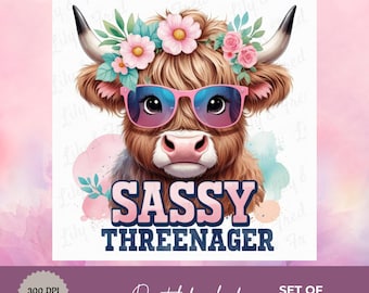 Sassy Threenager PNG Bundle – 6 Birthday Sublimation Designs for Toddler Shirts, 3rd Birthday Girl Clipart, Printable Art
