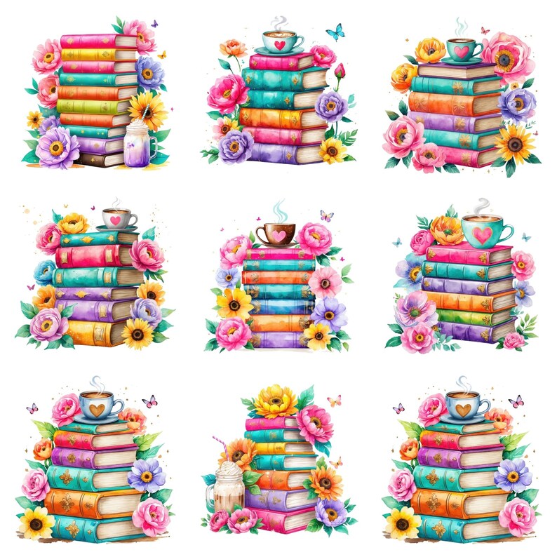 Floral Book Stack PNG Bundle: Colorful Clipart for Sublimation (digital ...