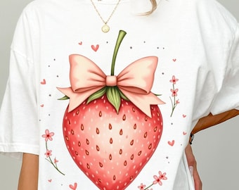 Strawberry Bow T-Shirt: Coquette Y2K Soft Girl Tee