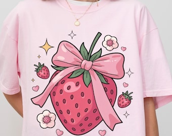 Strawberry Bow T-Shirt: Coquette Y2K Soft Girl Tee