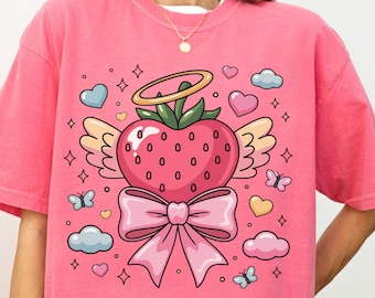 Strawberry Angel Wings T-Shirt: Kawaii Y2K Pink Graphic Tee
