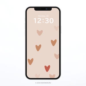 May include: A smartphone displays a wallpaper with a light peach background and scattered heart shapes in various shades of brown and red. The time is 12:30, and the date is Monday, 10. The bottom of the screen shows the copyright information.