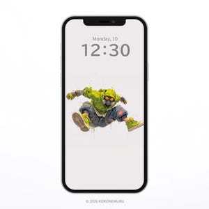Puede incluir: Un smartphone muestra un fondo de pantalla de arte digital. La obra presenta una figura con un traje verde de materiales peligrosos en pleno salto, con máscara de gas y efecto de salpicaduras de pintura. La hora es 12:30 el lunes 10. Copyright "© 2026 KOKONEMURU."