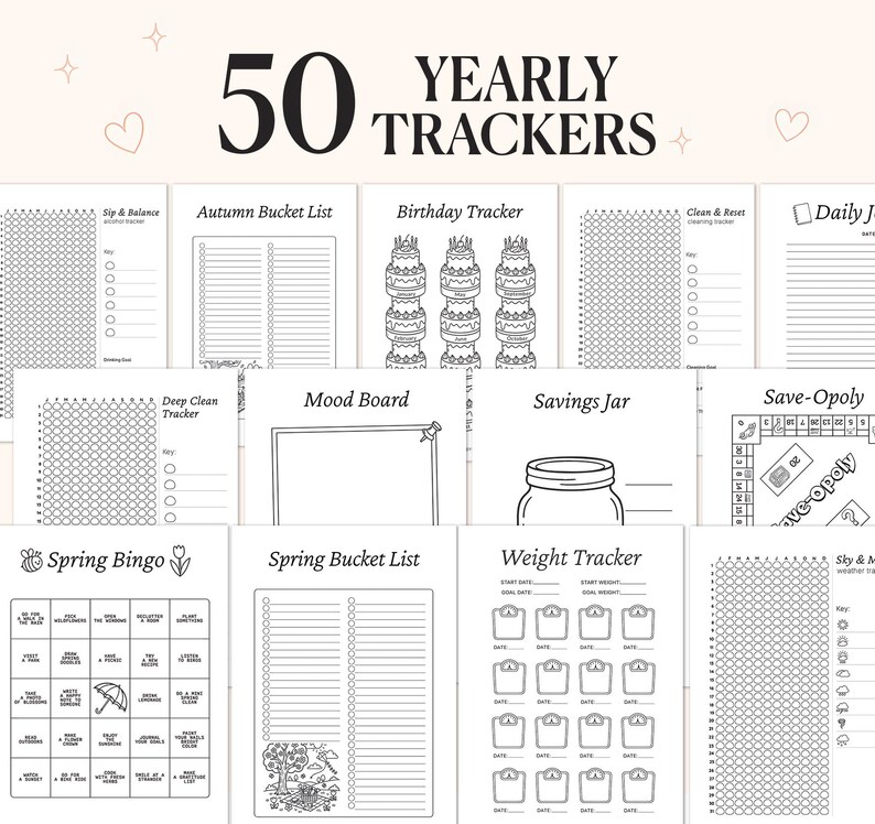 May include: A collection of 50 yearly trackers, including a birthday tracker, mood board, and weight tracker. The pages are black and white with various designs and layouts. The text "50 Yearly Trackers" is at the top.