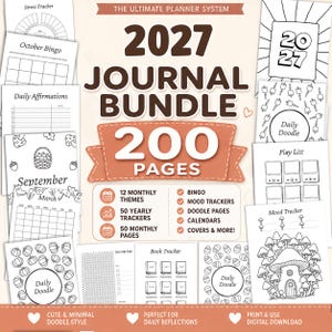 Puede incluir: Un paquete de diario 2027 de 200 páginas que incluye varias plantillas imprimibles, como un rastreador de estrés, bingo de octubre, afirmaciones diarias, calendarios mensuales, rastreadores de estado de ánimo y páginas de garabatos.