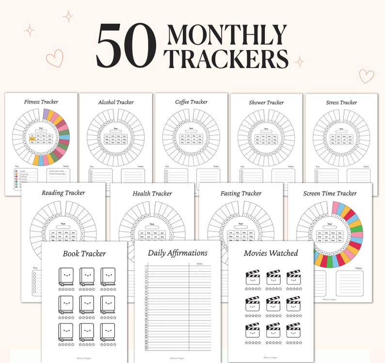 May include: A collection of 50 monthly trackers, including fitness, alcohol, coffee, and stress trackers. The pages feature circular charts and spaces for notes. The text "50 MONTHLY TRACKERS" is displayed at the top.