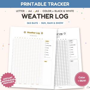 Könnte beinhalten: Ein druckbarer Wetter-Tracker mit einem 365-Tage-Raster, Kontrollkästchen für sonnig, teilweise bewölkt, bewölkt, regnerisch, verschneit und stürmisch sowie einem Notizbereich. Das Dokument enthält die Texte: PRINTABLE TRACKER, WEATHER LOG, 365 DAYS, SUN, RAIN & SNOW, LETTER, A4, A5, COLOR + BLACK & WHITE.