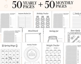 Minimal Habit Tracker Bundle, 70 Pages, Yearly & Monthly, A5 PDF, Instant Download, Mood Fitness Health Trackers, Journal Bundle
