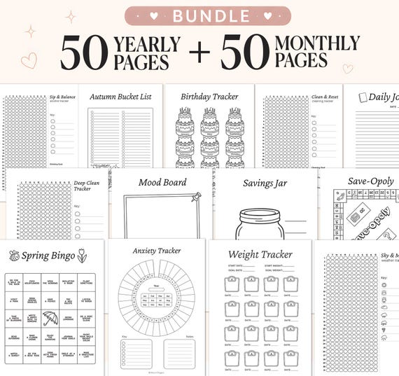 Minimal Habit Tracker Bundle, 70 Pages, Yearly & Monthly, A5 PDF, Instant Download, Mood Fitness Health Trackers, Journal Bundle