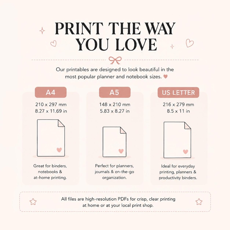 May include: A graphic with the text "PRINT THE WAY YOU LOVE" and three paper size options: A4 (8.27 x 11.69 in), A5 (5.83 x 8.27 in), and US LETTER (8.5 x 11 in). Each size has a description and a small heart icon.