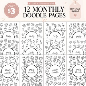 May include: A set of 12 monthly doodle pages with different themes, such as coffee cups, envelopes, flowers, and Easter eggs. Each page has a "Daily" and "Doodle" circle. The pages are black and white, with a pink tag that says "Best Value Bundle."