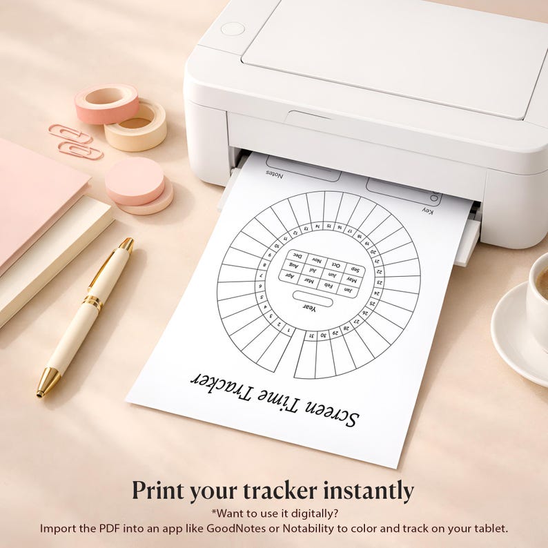 May include: A white printer printing a black and white "Screen Time Tracker" chart. The chart is circular with a calendar grid in the center. The text "Print your tracker instantly" is at the bottom of the page. Other items include a pen, washi tape, and paper.