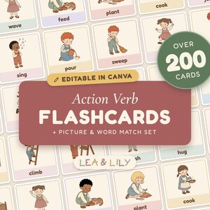 Editable 200 Action Verb Flashcards, Printable English Vocabulary Cards for Kids, ESL Picture Cards, Canva Template, Montessori Homeschool