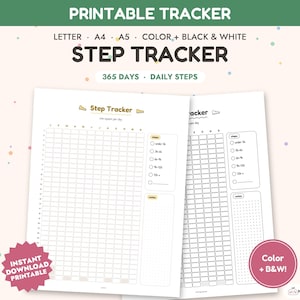 Könnte beinhalten: Ein druckbares Schritt-Tracker-Dokument mit einem 365-Tage-Raster, täglichen Schrittzahlkategorien und einem Notizbereich. Der Text enthält "PRINTABLE TRACKER", "STEP TRACKER", "365 DAYS", "DAILY STEPS", "LETTER", "A4", "A5", "COLOR + BLACK & WHITE".