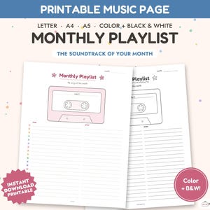 Könnte beinhalten: Eine druckbare Musikseite mit dem Titel Monthly Playlist und dem Untertitel The Soundtrack of Your Month. Das Design zeigt eine Kassettengrafik, nummerierte Zeilen für Lieder und Interpreten, verfügbar in den Formaten Letter, A4 und A5 in Farbe und Schwarz-Weiß.