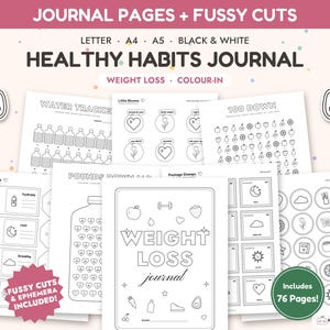 Printbaar dagboek voor gewichtsverlies, inkleurbare tracker voor gezonde gewoonten + knipsels, wellness-ephemera, watertracker, A5 A4 Letter
