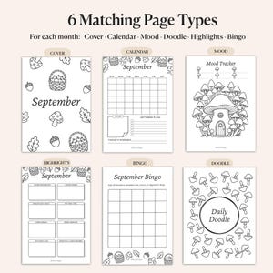 May include: A collection of six matching printable planner pages. The pages include a cover, calendar, mood tracker, highlights, bingo, and doodle page. Each page features black and white illustrations of mushrooms, acorns, and baskets.