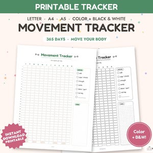 Peut inclure: Un document de suivi de mouvement imprimable avec une grille de 365 jours, des cases à cocher pour la marche, le yoga, la force, le cardio, la danse et le repos, ainsi qu'une section notes. Le texte indique Printable Tracker, Movement Tracker.