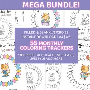 Monthly Trackers Bundle, 55-Page Tracker Bundle, Monthly Coloring Wellness & Habit Trackers, BUJO Planner, Cute Illustrated Pages, PDF