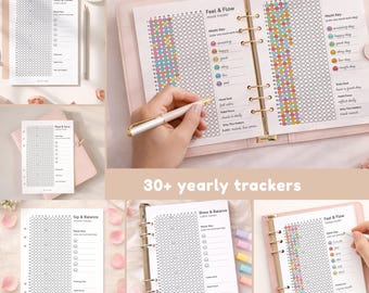 30+ Yearly Habit Trackers Printable Bundle, Mood Fitness Health Trackers, Coloring Tracker Set, Self Care Planner PDF, Year in Pixels