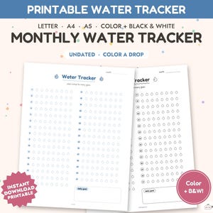Printbare maandelijkse watertracker, ongedateerde hydratatietracker, waterinnamelogboek, pagina voor je gezondheidsbullet journal, kleur en zwart-wit, A5 A4 Letter