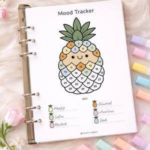 Planificador de estado de ánimo con diseño de piña para imprimir, planificador mensual para colorear, inserto para planificador de salud mental estilo Kawaii, rastreador de bienestar, PDF en formato A4, A5 y Carta.