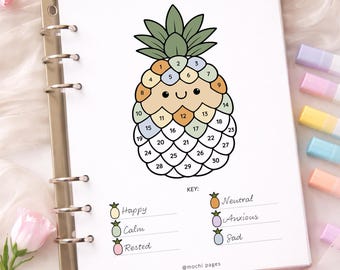 Pineapple Mood Tracker Printable, Monthly Coloring Tracker, Cute Kawaii Mental Health Planner Insert, Wellness Tracker, A4 A5 Letter PDF