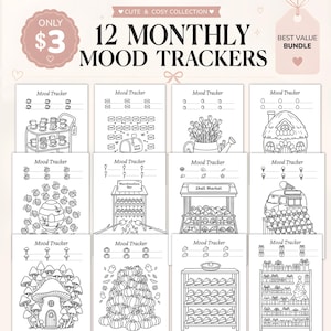 May include: A collection of 12 black and white mood trackers with various illustrations, including teacups, mailboxes, flowers, and a house. The text reads "12 MONTHLY MOOD TRACKERS" and "CUTE & COSY COLLECTION".