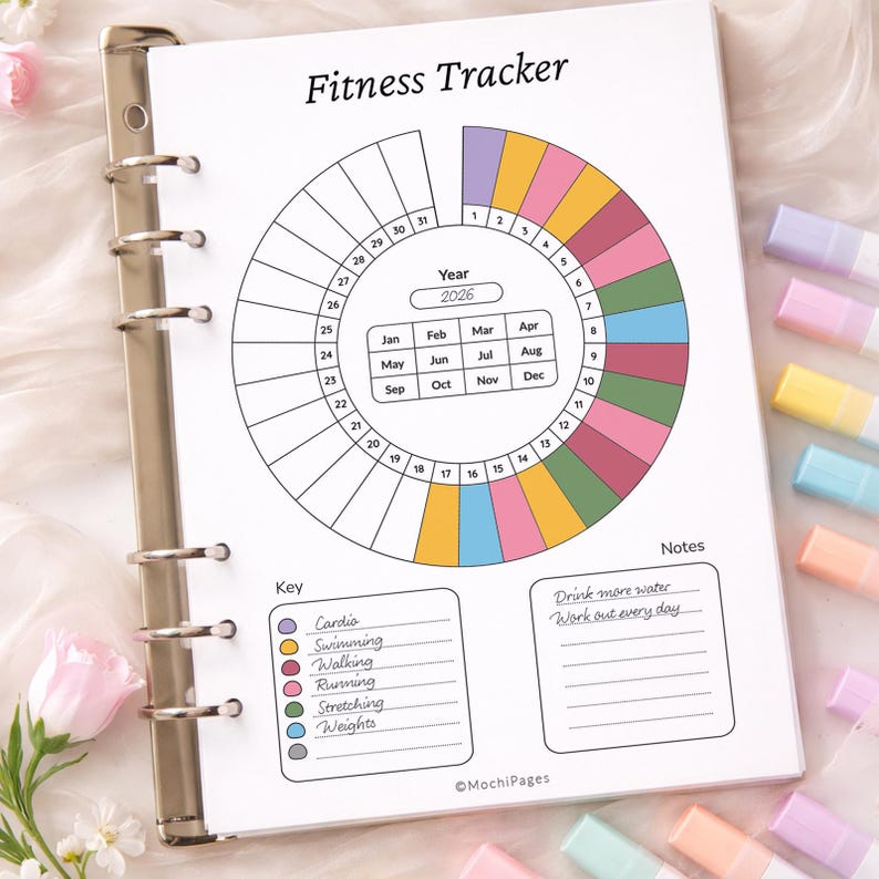 May include: A fitness tracker planner page with a circular calendar for 2026, color-coded by activity type. The page includes a key for cardio, swimming, walking, running, stretching, and weights. The text "Fitness Tracker" is at the top.