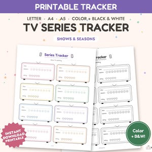 Op de afbeelding: Een printbare tv-serie tracker met meerdere televisie-vormige vakjes voor het noteren van serietitels, seizoenen en beoordelingen. Het ontwerp bevat zowel gekleurde als zwart-wit versies met tekstlabels zoals Series Tracker.