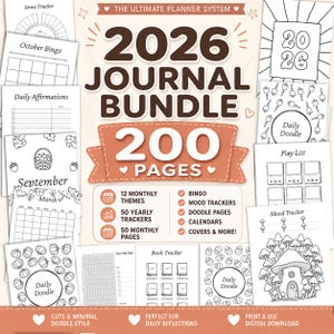 May include: A digital planner bundle for 2026 with 200 pages, featuring 12 monthly themes, yearly trackers, and doodle pages. Includes bingo, mood trackers, and calendars. The design is cute and minimal, perfect for daily reflections. Print and use digitally.